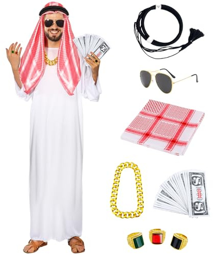 PANMAY Araber Kostüm, Scheich Kostüm Herren Arabischer Kostüm Set mit Turban, Arabisches Weißes Gewand Mit Kopftuch, Araber Erwachsene Kostüme Faschingskostüme Männer für Karneval Party Cosplay
