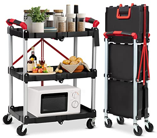 Carro de servicio con ruedas, carrito plegable con 3 niveles, carrito multiusos con mango ergonómico y 2 ruedas con bloqueo, 60 x 38 x 83 cm, carrito de cocina, carrito de bar para oficina, almacén