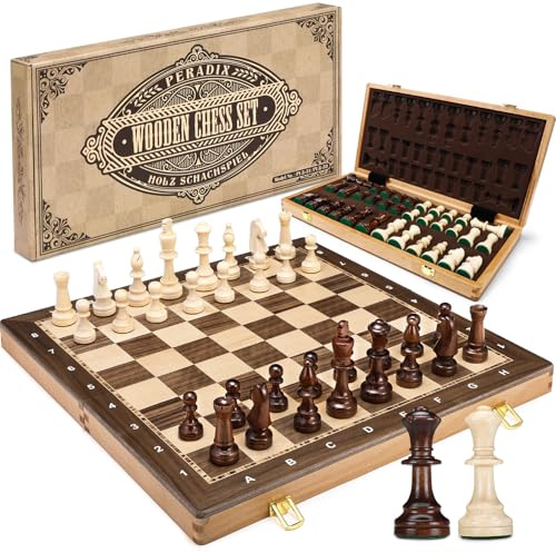 Peradix 48 cm schackset i trä, fällbart schackbräde med 9,5 cm kung, 2 extra drottningar, klassiskt professionellt schackspel för vuxna och barn