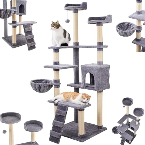 Ecosa® XXL Katzen Kratzbaum groß 170cm Katzenbaum Kletterturm Kletterbaum für Grosse Katzen stabil mit Mehreren Plattformen Katzenhöhle Hängematte Aktivitätskratzbäum mehrstöckiger Katzenkratzbaum