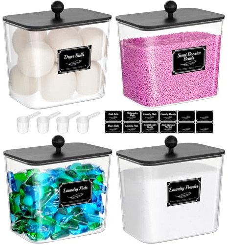Lifewit 4 st 2700 ml/91 uns tvättmedelförvaring för tvättpods med etiketter och sked, tvättmedelförvaringslåda med bambudeksel, tvättmedelbox för pulverpärlfräschare, Svart