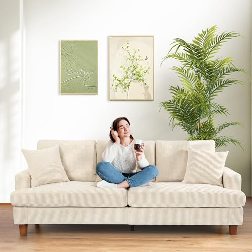 Domusensus 3 Sitzer Sofa Big, 221CM Cord Sofa Wohnzimmer Werkzeugfreie Montage, Schlafzimmer Sofas 53CM Extra Tiefe Sitze, Bequemes Couch mit 2 Kissen, Modernes Couch fürs Büro, Big Sofa Couch Beige
