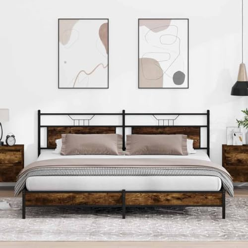 Bucmath Metallbett 200x200 cm Räuchereiche, Modernes Bettgestell aus Stahl, Lattenrost, Kopfteil, Stauraum, Robustes Doppelbett für Schlafzimmer, ohne Matratze