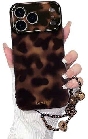 NITITOP Compatible with iPhone 17 Pro Case Leopard Print Tortoise Brown Amber Pattern with Chain Lanyard Wrist Strap for Girls Women Men Boys Shockproof Protective Cover - Brown