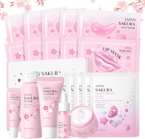 Sakura Skincare Set, 20 Pièces Coffret Soin Visage Ado Fille | avec Nettoyant Sérum Crème Masques Visage/Yeux/Lèvres, Cadeau Femme Soin Beauté pour Noël Anniversaire Saint-Valentin