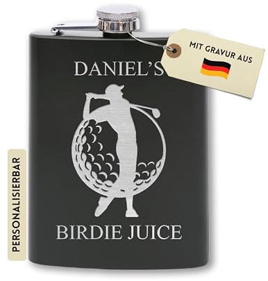 Flanacom Petaca con grabado de acero inoxidable, incluye embudo, 227 ml, jugador de golf, alcohol, regalos para hombres, petaca personalizada, con grabado personalizado (diseño de 8,8 oz, negro)