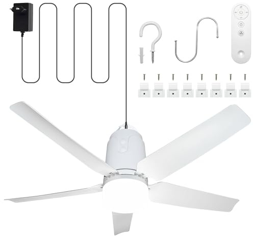 SHUNLEE 80CM Deckenventilator Outdoor mit Beleuchtung und Stecker | Fernbedienung und Leise, Mobiler Ventilator Lampe für Terrasse, Ceiling, Pavillon, Wohnzimmer