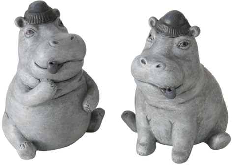 Deko Nilpferd Figuren Set 2er – handgearbeitet & handbemalt – 12 cm – Dekofiguren in Grau/Betonoptik aus Kunstharz (Polyresin) – Tierfiguren für Regal, Sideboard & Wohnzimmer