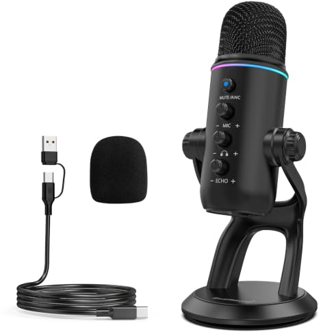 zealsound USB Mikrofon für PC & Smartphone, Plug & Play Podcast Mikrofon mit Rauschunterdrückung, Stummschaltung & Verstärkungsregelung, Desktop Kondensatormikrofon für Gaming, Streaming & Aufnahmen