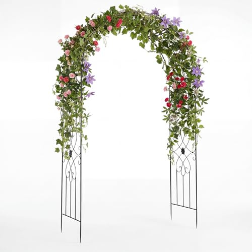 COSTWAY Arco Jardin Exterior de Metal, 145 x 51 x 225 cm, Negro | Arco Enrejado Decorativo con Motivo Floral y Estacas de Tierra, Soporte de Plantas Trepadoras Rosas para Patio Césped Fiesta