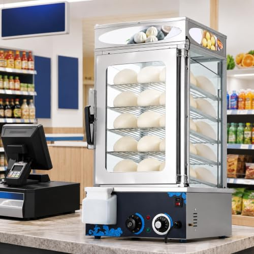 Vaporiera Commerciale per Panini 1200W 5 Ripiani Vetrina Riscaldata Pro | Vaporiera Elettrica in Acciaio Inox con Porta in Vetro 30-110℃ per I Ristoranti e I Negozi di Alimentari