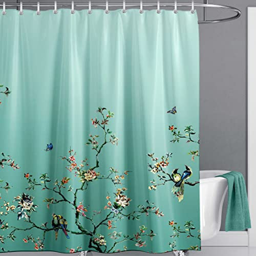 LIVETTY Green Bird Floral Shower Curtain 180cm × 180cm Mould Proof Butterfly Fabric Bathroom curtain For Women & Men With 12 Hooks Washable Quick-Drying Curtains