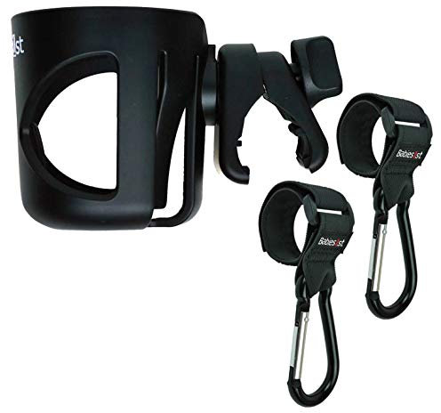 Babies1st Getränkehalter für Kinderwagen und Buggy, Schraubklemme mit Anti-Rutsch Einsatz + 2er Pack Kinderwagen Haken Karabinerhaken aus Aluminium, rutschfest und sicher