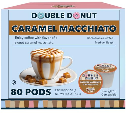 Double Donut Coffee Double Donut Caramel Macchiato Flavored Coffee Pods - Caramel Coffee in Single Serve Coffee Pods for the Keurig K Cups Coffee Brewers, Medium Roast From Double Donut, 80 Count