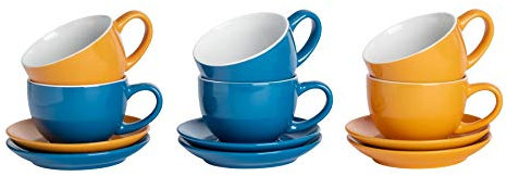 Argon Tableware 12 Piece Coloured Cappuccino Cup & Saucer Set - Modern Stoneware Tea & Coffee Cups - 250ml - Blue/Yellow