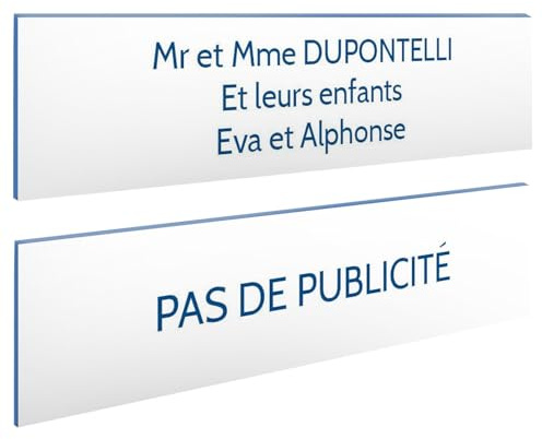 DECOHO - Plaque Boite aux Lettres Personnalisable - Lot de 2 plaques adhésives - Blanc Lettres Bleues - 100 x 25 mm, Gravure Laser,