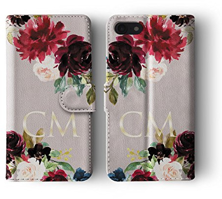 Tirita Personalised Initials Custom Wallet Leather Flip Phone Case Compatible with iPhone 12 Mini PRINTED GLITTER, NOT REAL GLITTER Watercolour Floral Spring Summer Flowers Peony Roses