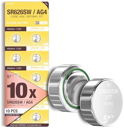 5Plus 10-Pack AG4 LR626 377 1.5V Button Cell Batteries – 0% Mercury Coin Batteries for Watches, Key Fobs, Scales, Wearables & Small Electronics