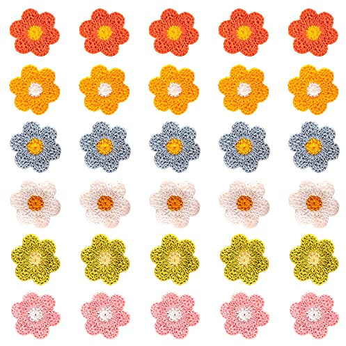 Nifocc 30 Stück Blumen Aufnäher Aufnähen Patches Häkel Blumen Applikationen für Kleidung Jeans Pants Jacken Hüte Rucksäcke Schuhe Taschen DIY Handwerk Dekoration - 6 Farbe
