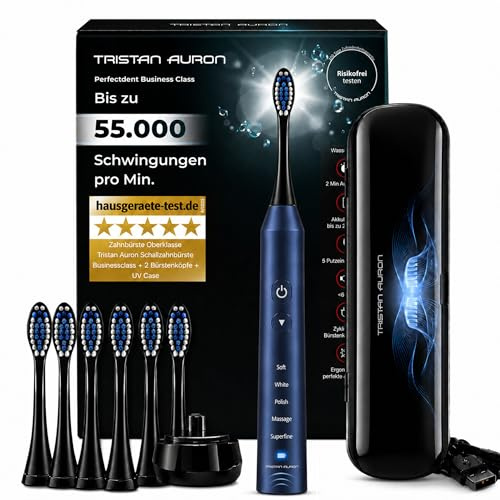 Elektrische Schallzahnbürste 55.000 VPM, 5 Modi, risikofrei 100 Tage testen | Tristan Auron Business Class in blau, Beste Reisezahnbürste, 60 Tage Akku, IPX7 Wasserdicht, UV-Reiseetui, 6 Bürstenköpfe