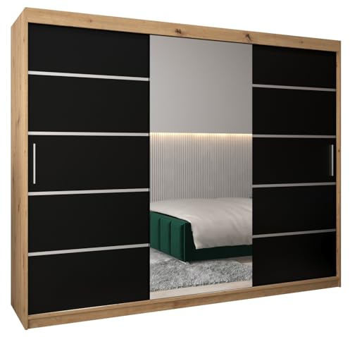 MEBLE KRYSPOL Kleiderschrank mit Spiegel Verona 2 - Garderobenschrank - Schrank Schlafzimmer - Mehrzweckschrank DREI Schiebetüren - Regalen - Flur Möbel - Kleiderstange Schrank - Allzweckschrank
