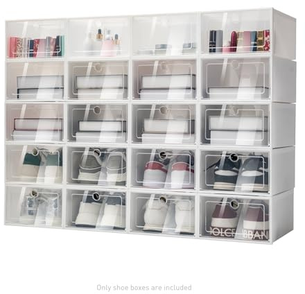 Schuhboxen Stapelbar, 20/24 Stück Flip Schuhkarton Set Stapel Lagerung Kunststoff Klar Home Schuhorganizer Aufbewahrungsbox Faltbar für Wohnzimmer, Schlafzimmer, Arbeitszimmer, Schränke (20 Stück)