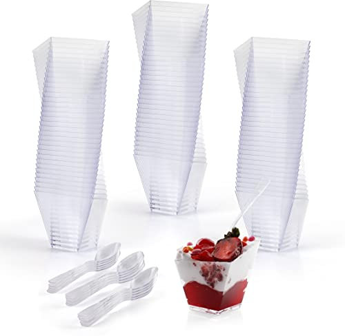 BELLE VOUS Pack de 100 Mini Copas y Cucharas de Postre - Tazones de Plástico de 60 ml Transparentes Reutilizables de Aperitivos - Tarrinas para Degustar y Servir Mousse, Fruta, Helado y Otros Postres
