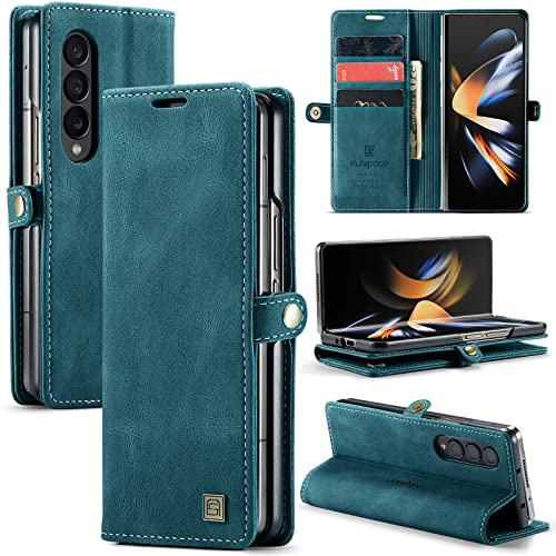 EYZUTAK Wallet Case for Samsung Galaxy Z Fold 4, Retro Matte Premium Protective Leather Case 3 Card & 1 Cash Slot with RFID Blocking Viewing Stand Magnetic Closure TPU Shell Flip Cover - Blue