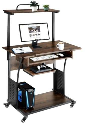 tectake® Scrivania, Tavolo in stile Industriale, Inserto per Tastiera, Scrivania gaming, Quattro ruote girevoli, struttura in acciaio verniciato - 80x65,5x130,5 cm - Legno scuro industriale