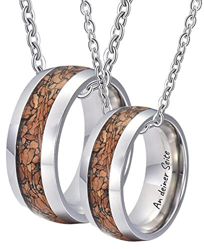KnSam Wolfram Pärchen Kette Gravur EIN Leben lang an deiner Seite, 2er Anhänger Ring 8MM Holz Partner Ketten Ringe Silber, Gr.54 & Gr.62, Länge 60cm/ 50cm