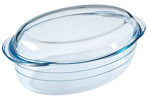 Tradineur - Fuente para horno ovalada con tapa - Fabricado en Vidrio - Apto para horno, microondas, congelador y lavavajillas - 4 Litros - 13 x 33 x 20 cm