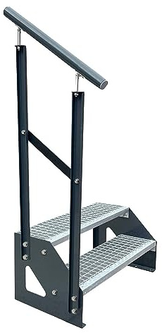 Kaminbau Mierzwa Premium Treppe Anthrazit Freistehend 2 Stufen(Verzinkt) Geländer Links (Breite 1200 mm) (Höhe 38cm) Wetterfest Gitterroststufe Gartentreppe