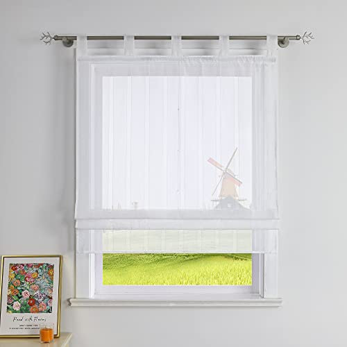CORLIF Raffrollo Gestreifte Raffgardinen mit Streifen mit Baumwollgarn-Optik Gardinen Landhaus Schlaufenrollo Küche Transparente Rollos Modern für Fenster mit Schlaufen Weiß BxH 120x140 cm 1 Stück