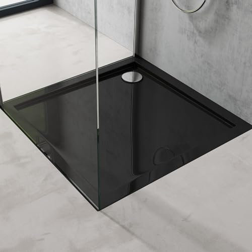 doporro Plato de ducha para mamparas de ducha Faro1W 90x90x4 plano acrílico en negro conexiones cuadradas DIN apto para instalación a ras de suelo Faro1