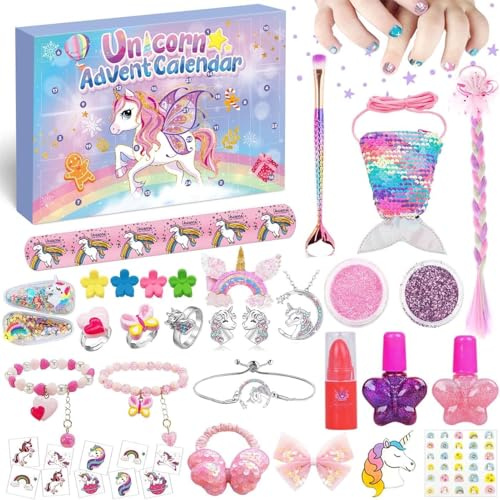iZoeL Calendario Avvento 2025 Bambina Unicorno Bambina Regalo Calendario Avvento Make Up - Unicorno Braccialetto Collana Anello Gioielli Make Up, Regali Natale per Figlia Nipote Sorella