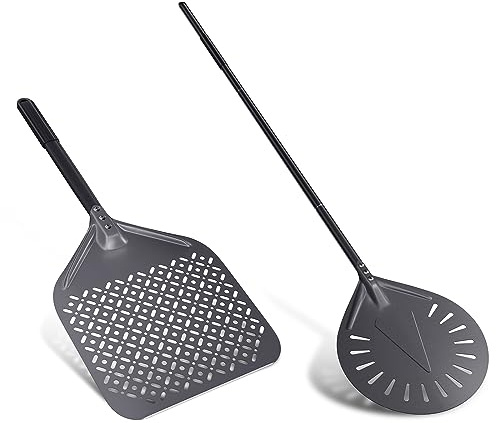 NUTUNI 12 Inch + 9 Inch Pizza Peel Set, Perforated Pizza Turning Peel, 12 x 14 Professional Aluminum Pizza Paddle for Homemade Pizza, Pizza Oven Accessories
