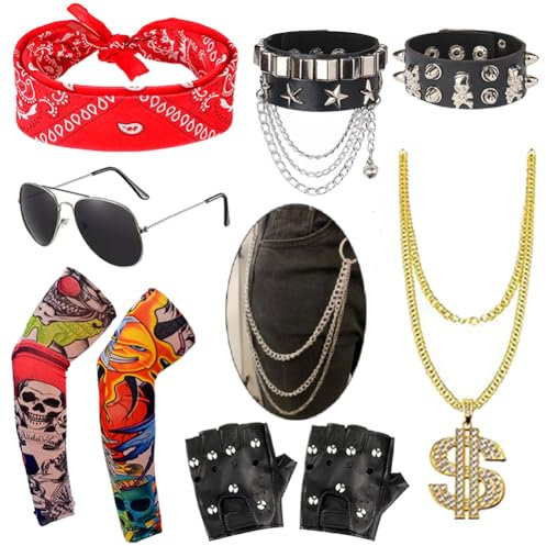 Yontree 10Pcs Rockstar Fancy Dress Kids Men,80s Rock Star Costume Punk Accessories for Boys,Tattoo Sleeves Sunglasses Gold Chain Bracelets Gloves Waist Chains Bandana Disco Popstar Outfit