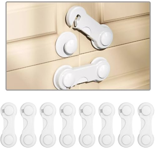 8 Pack Cabinet Door Locks for Baby Proof and Child Safety Cabinet Locks with Adhesive Childproof Door Latch Child Safety Locks for Kitchen Drawer Cupboards Fridge Closet Pantry
