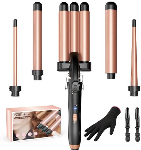 BESTOPE MIX Ferro Arricciacapelli 5 in 1- Set Ferro Arricciacapelli Rivestimento in Ceramica, Piastra Onde per Capelli 2 Température, Piastra per Onde con Ferri di Diverso Diametro, Calore Delicato