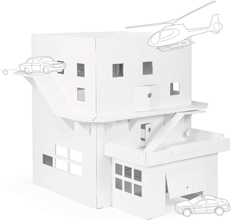 FOLDZILLA 3 in 1 Spielhaus XXL 1,25 x 1 x 1 m Hubschrauberlandeplatz große Garage umlaufende Fahrbahn aus Pappe für Kinder - Weiß zum Bemalen/Bekleben