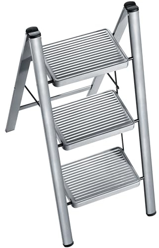 XinSunho 3-Stufen-Leiter Klappbar, Klappleiter aus Stahl mit breitem Anti-Rutsch-Pedal, Trittleiter, kleine Leiter, Haushaltsleiter, Belastbar bis 150 kg für Küche Zuhause Büro, Grau