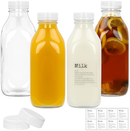 DHSBTLS Bouteilles de lait en verre avec couvercle, réutilisables, pour le stockage du lait frais, hermétique, robuste, transparent, pour jus, miel