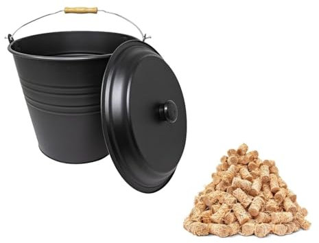 12L Metal Ash Bucket With Lid and 200 Natural Firelighters - Removable Lid, Wood Handle, Coal Scuttle, Coal Bucket - Great For Lighting Fires In Stoves, Charcoal BBQ's Quick Wood Wax Wool Flame Fire
