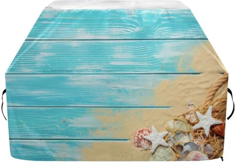 Grillabdeckungen, Oxford-Grillabdeckung für Weber, Brinkmann, Char Broil, wasserdicht, winddicht, reißfest, Meeresmuscheln auf blaugrünem Holz, Gas-Grillabdeckung (165 x 63,5 x 114 cm)