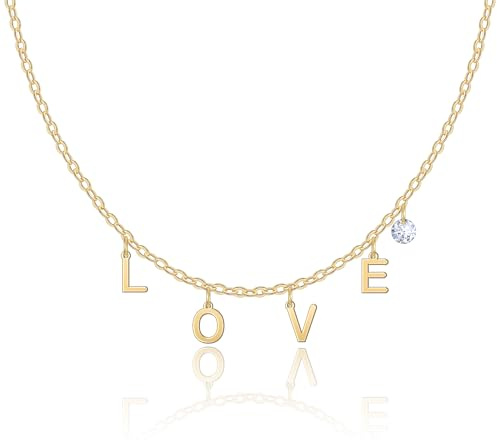 HMOOY en capas Letra Inicial Collares para Mujeres, 14k chapado en oro Letra Inicial Colgante Madre Collar Cubic Zircon Nombre Palabra Joyería Regalos para Mamá Amantes BFF (LOVE)