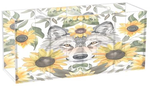 Wolfs Face Sunflowers Acryl Stifthalter 4 Fächer Stiftebecher Make-up Pinselhalter Organizer