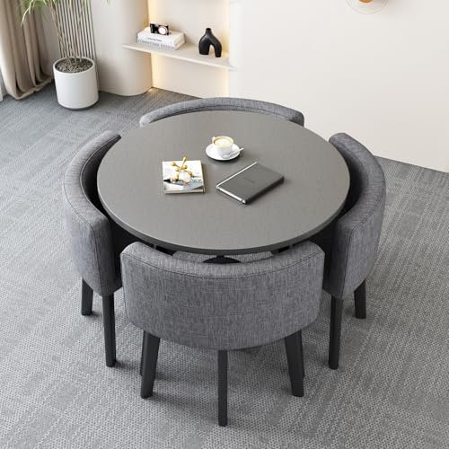 Dining Table set，Runder Konferenztisch und Stühle, Moderne Empfangstisch und Stühle, Esstisch-Set für 4 mit Stühlen, Große Tischplatte, Leise Tischbeine,Geeignet für Küche und Wohnzimmer(Flax-gray)