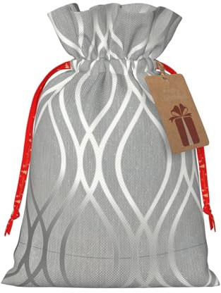 HJLUUFT Silberne geometrische Figuren-Druck-Weihnachts-Geschenktüte mit Kordelzug und Geschenkanhänger, Jutebeutel, Hochzeit, Weihnachten, Partyzubehör
