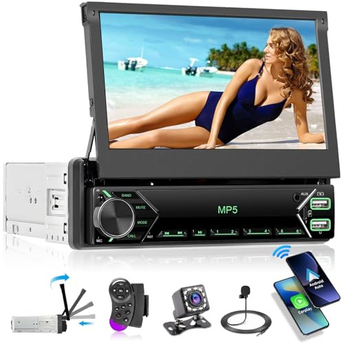 Hikity 1 Din Autoradio mit 7 Zoll Flip Out Motorisierte Touchscreen Autoradio mit Bluetooth Radio Rückfahrkamera Mirror Link USB AUX MIC