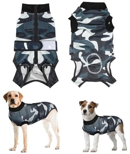 Eyein Hundebody Nach Op, Wundschutzanzüge für hündin Rüde mit Reißverschluss und Klettverschluss Gürtel - Anti-Lecken und Wundschutz, Atmungsaktiv Einteiler für Hunde Nach Op (Camouflage, XL)
